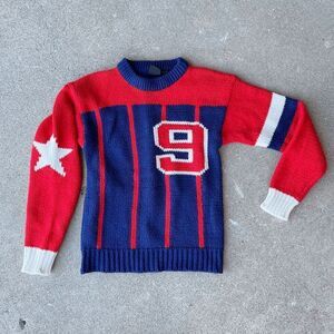 Vintage 80s TG KIDS Retro Sporty Knit Sweater Jersey Style w/ Number 9, Stars, M